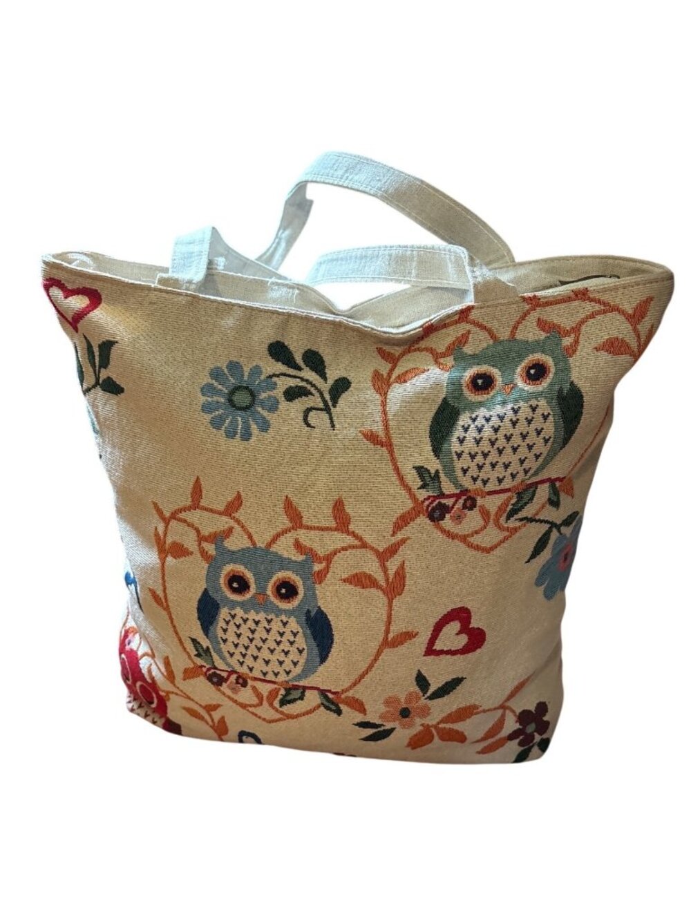Owl Print Canvas Tote Bag With Zipper Closure & Dual Handles 13 x 14" Lined
